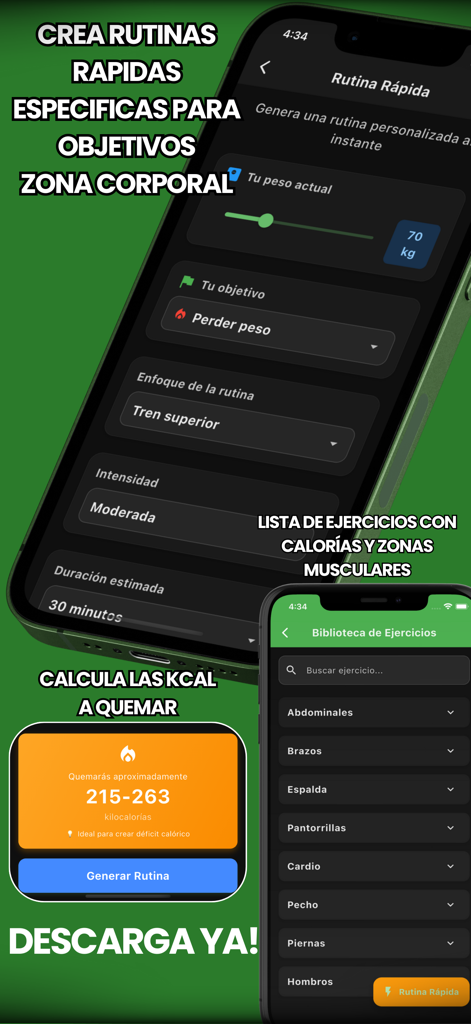 NutriasApp - Interfaz de NutriasApp para generar rutinas de ejercicio personalizadas y calcular calorías.