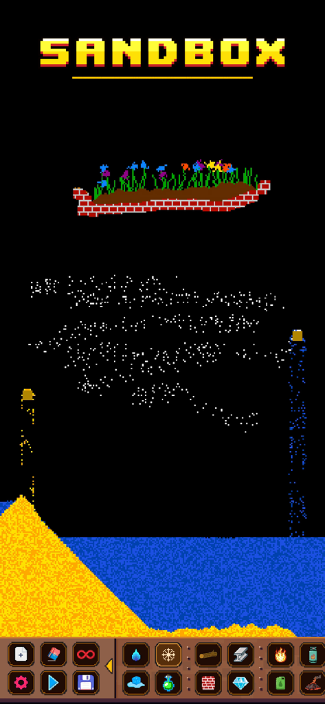 Sandbox - Physics Simulator - Pixel art gameplay of Sandbox Physics Simulator showing sand water and fire elements