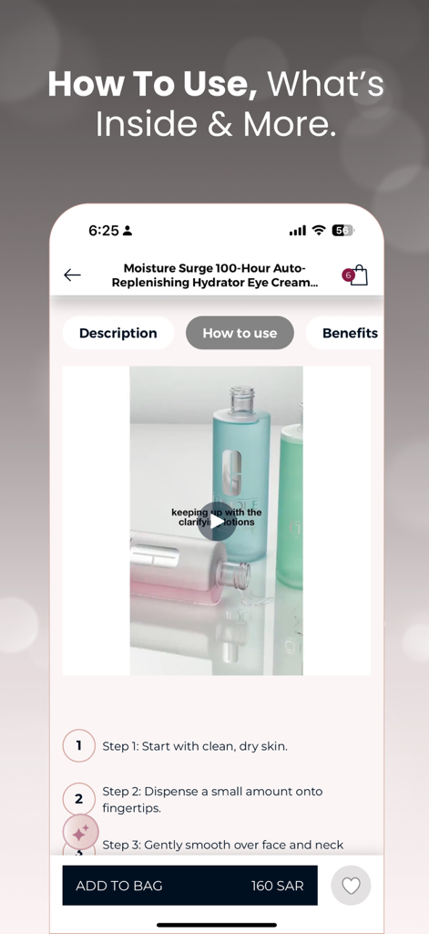 FACES Beauty – فيسز - FACES Beauty app screenshot showing a product page for a Clinique eye cream with a video and step-by-step usage instructions