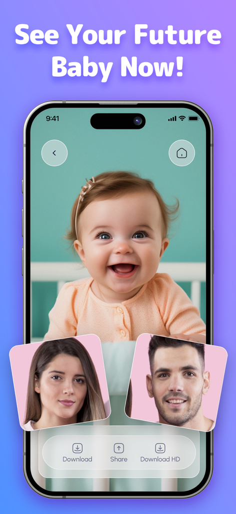 Future baby face generator app interface showing an AI predicted baby face based on photos of parents