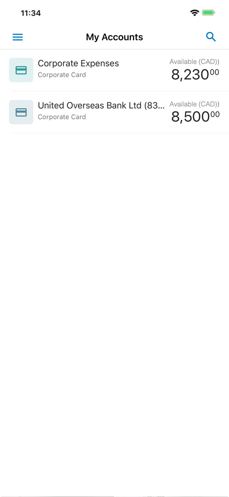 BMO Spend Dynamics mobile app showing corporate card accounts and available balances