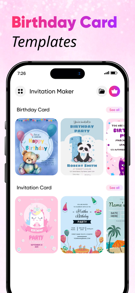 Birthday Greeting Card Creator - Mobile app screen showing a variety of colorful birthday card and invitation templates for kids and parties