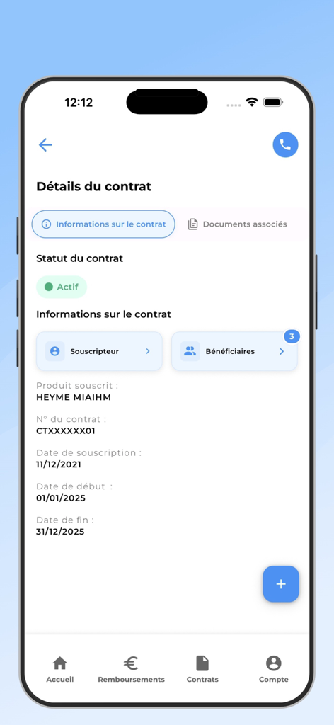 HEYME 뮤추얼 앱 스크린샷, 건강 보험 계약 세부 정보 및 활성 상태 표시