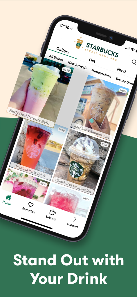 Starbucks-Inspired Secret Menu - Un'interfaccia di app mobile che mostra una galleria di ricette di bevande personalizzate colorate e creative di Starbucks