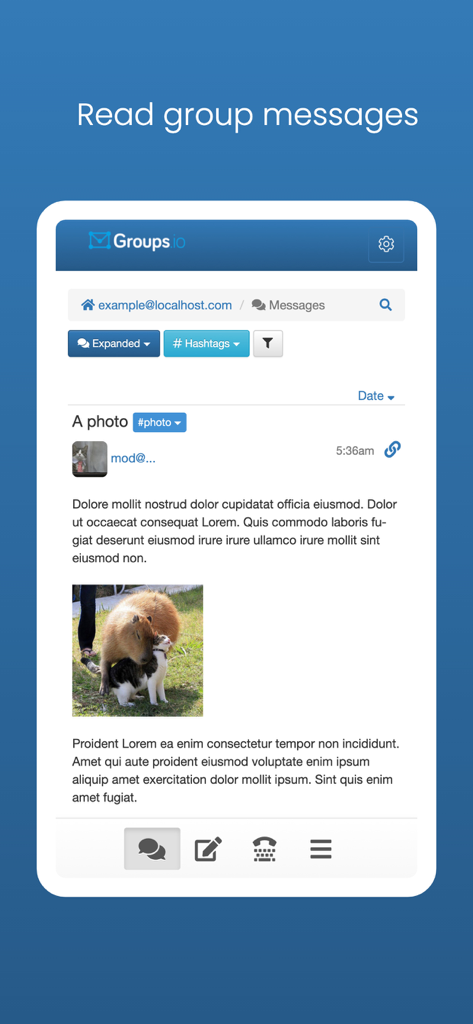 Interface of the Groups.io app showing a group message with text and a photo