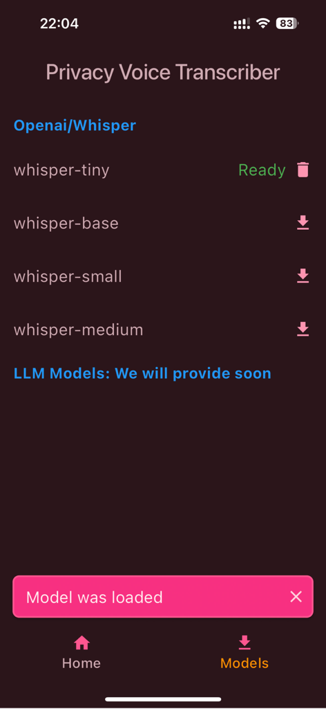 VoiceScriber - VoiceScriber app interface displaying a list of downloadable OpenAI Whisper models for local transcription