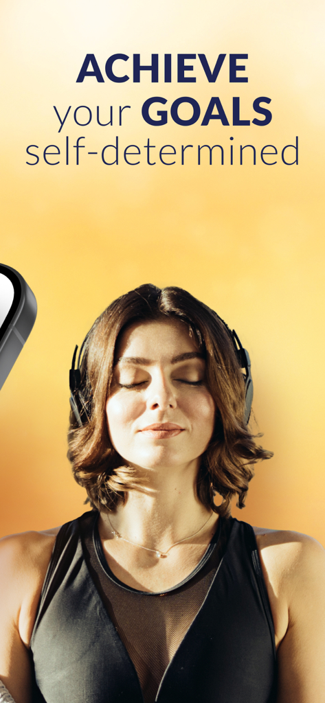 HypnoBox: Hypnosis & Sleep - A woman wearing headphones with her eyes closed under the text Achieve your goals self-determined.
