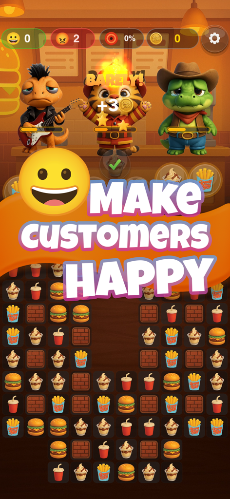 Griglia di puzzle match-3 con elementi di cibo e simpatici clienti animali in Serve Rush