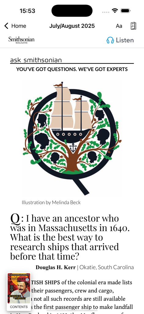 Smithsonian Magazine - The Ask Smithsonian section of the magazine app showing an expert answer to a genealogy question about historical ships.