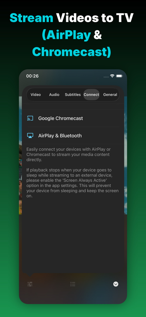 Evervideo: Play Any Video File - Evervideo app interface for streaming videos to a TV via AirPlay and Chromecast