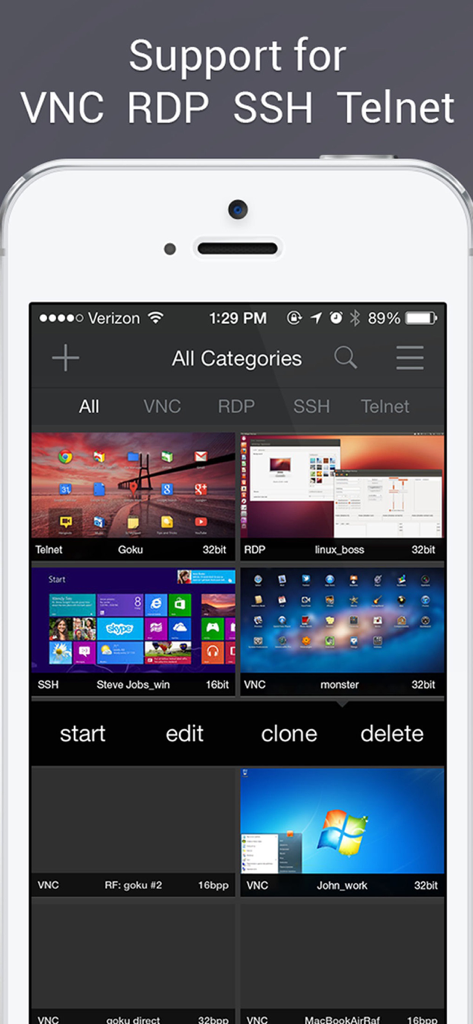 Remoter Pro (VNC, SSH & RDP) - Remoter Pro dashboard showing various VNC RDP and SSH connections