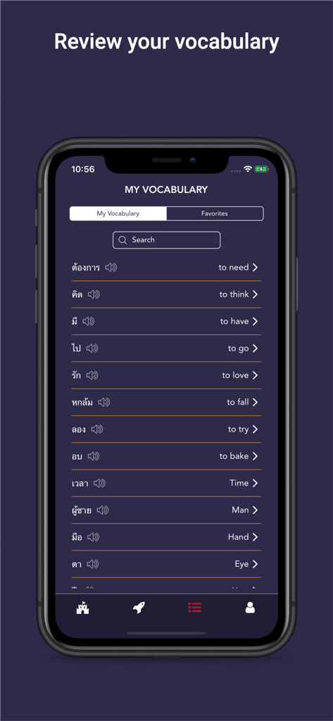 Tobo: Learn Thai Vocabulary - Smartphone screen showing a list of Thai words with their English translations and pronunciation buttons in the Tobo app