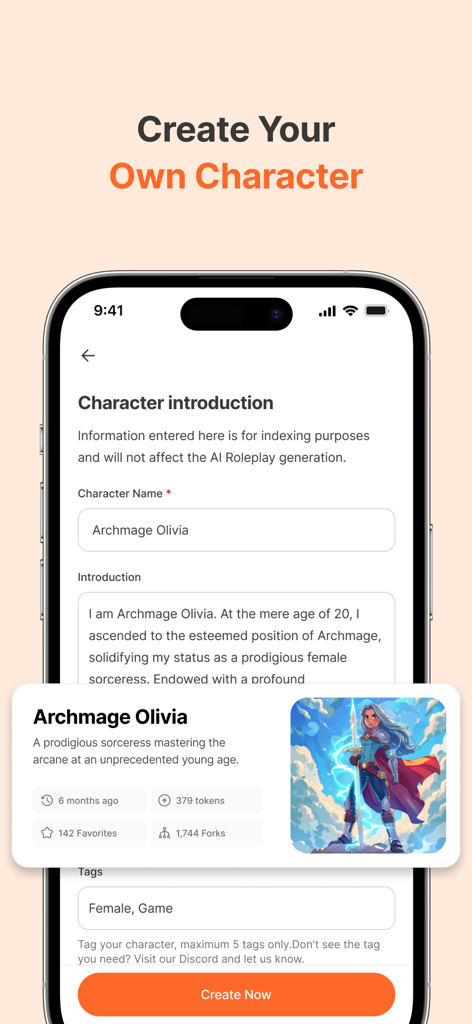 harpy.chat - 아바타와 배경 스토리를 가진 Archmage Olivia라는 이름의 캐릭터를 특징으로 하는 harpy.chat 앱의 캐릭터 생성 화면