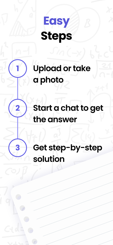 Easy steps to use MathMaster: take a photo, chat for answers, and receive step-by-step math solutions