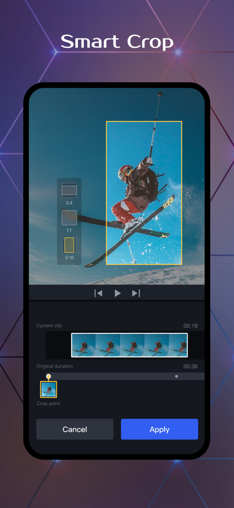 Smart crop tool interface in OviCut video editor app showing aspect ratio options for a skiing video