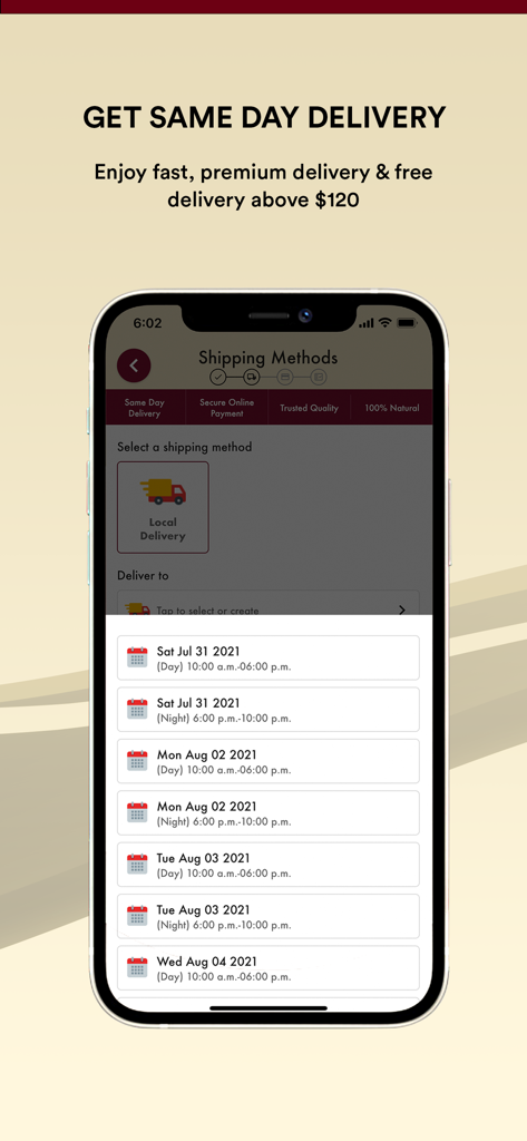 Eu Yan Sang - Eu Yan Sang mobile app screen for selecting delivery methods and scheduling time slots.