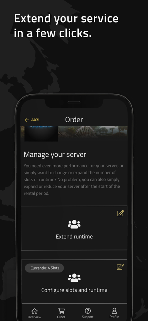 Interfaz de la aplicación Nitrado que muestra opciones para extender el tiempo de ejecución y configurar ranuras de servidor