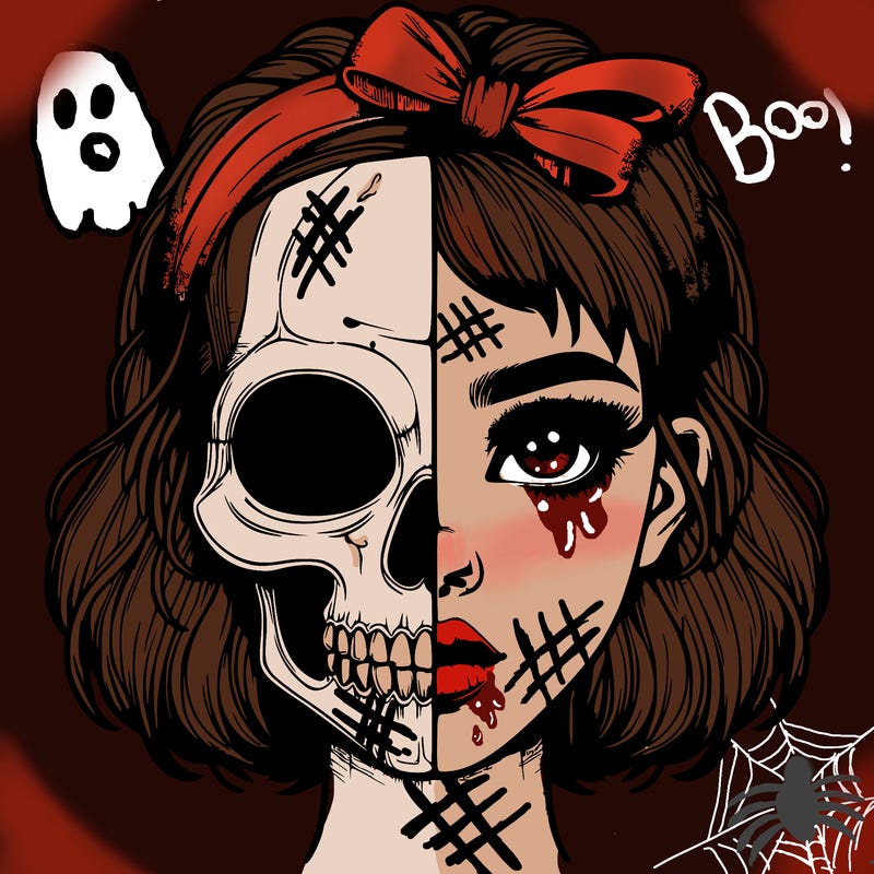 realistic girl with half skull mask