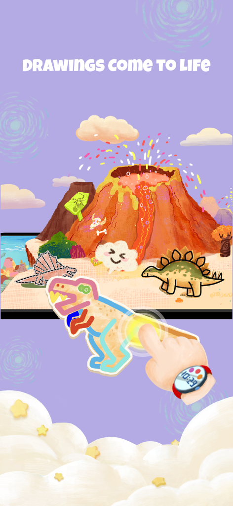 bekids Princess Coloring Book - Interactive screen showing animated dinosaur drawings coming to life next to a volcano