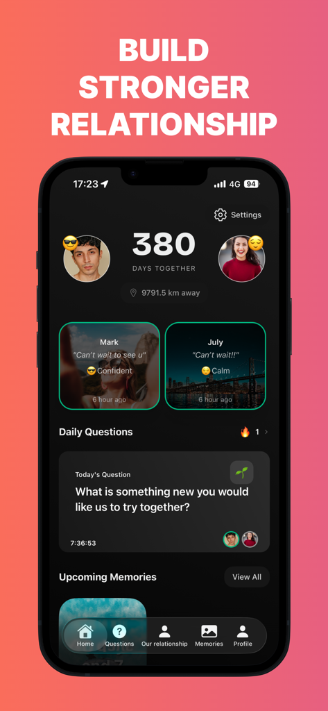 Our Story - App for couples - Pantalla de inicio de la aplicación Nuestra Historia que muestra un contador de días de relación, el estado de ánimo de la pareja y una pregunta de conexión diaria para parejas.