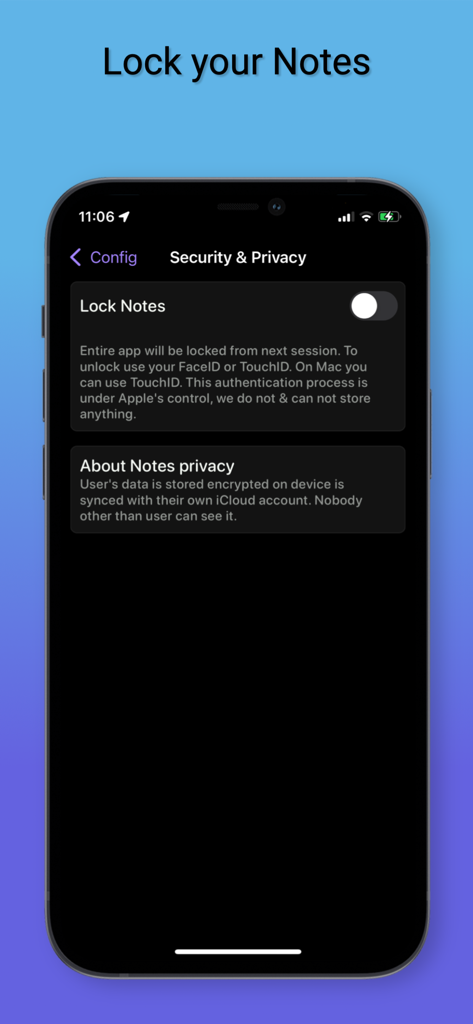 Pantalla de configuración de seguridad y privacidad en la aplicación Jot Down que muestra el control deslizante para bloquear notas e información de cifrado de iCloud.
