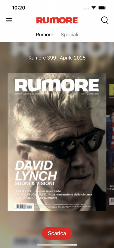 David Lynch가 등장하는 2025년 4월호 디지털 표지를 보여주는 Rumore Magazine 앱 인터페이스