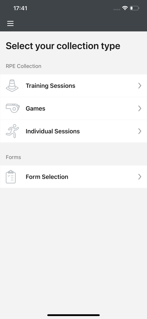 Kitman Labs Kiosk - Kitman Labs Kiosk app interface showing options to select collection types for training sessions, games, individual sessions, and forms.