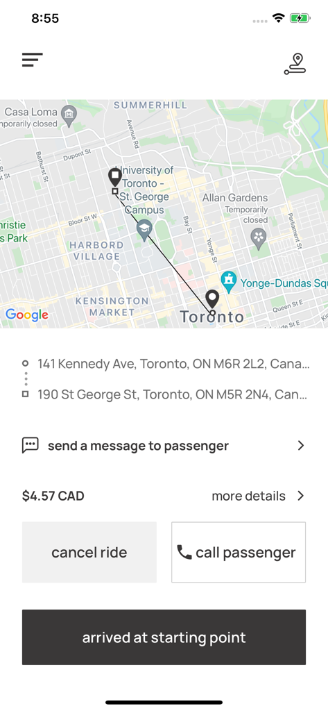 SPARK driver - Interface of the SPARK driver app showing a map navigation and passenger contact options for a ride in Toronto.