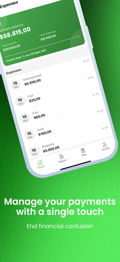 Oberfläche der AIconomy Budget-Tracker-App, die kategorisierte tägliche Ausgaben und den Gesamtbetrag anzeigt