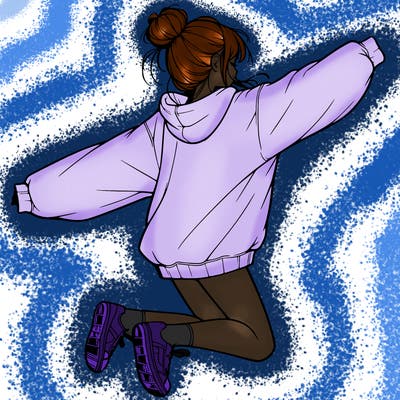 realistic girl jumping with a bun and oversized sweatshirt