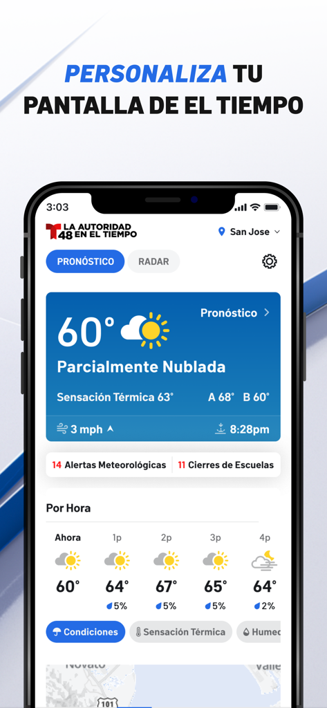Interfaz de la app Telemundo 48 mostrando un pronóstico del tiempo y alertas locales para San Jose