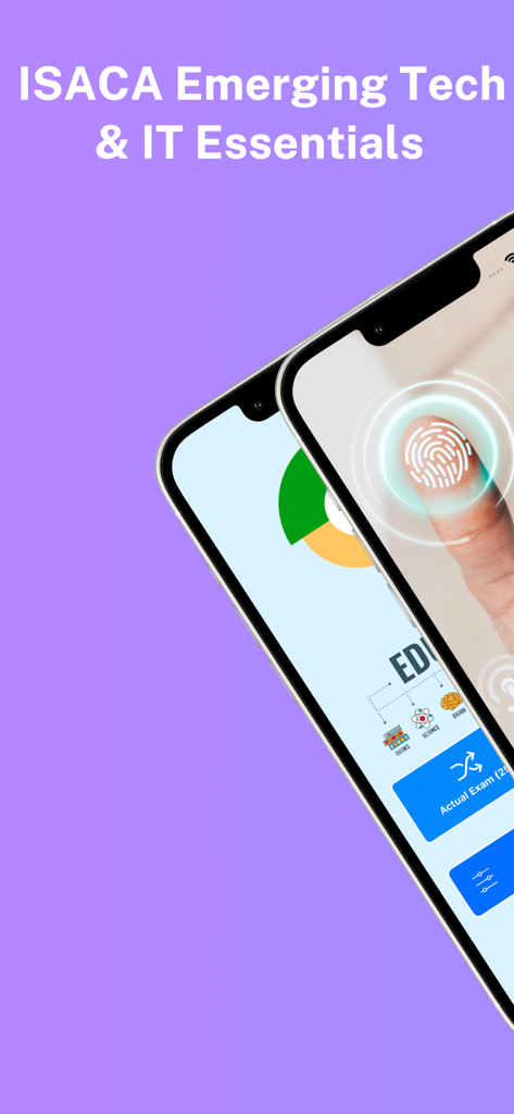 ISACA ITCA and CET exam preparation app interface showing study modules and mock exams on two iPhones