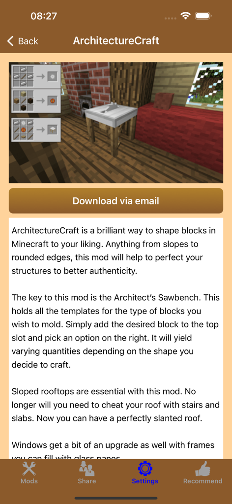 Detailed screen showing the ArchitectureCraft mod with crafting recipes and the Architect Sawbench for Minecraft.