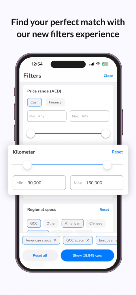 DubiCars | Used & New Cars UAE - DubiCars app screen showing advanced search filters for car price, kilometer range, and regional specifications like GCC or American specs.
