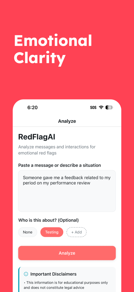 RedFlagAI - RedFlagAIアプリのインターフェース。感情的な危険信号とメッセージ内の有害なパターンを検出するための分析機能が表示されています。