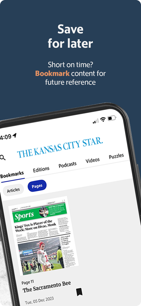 A mobile phone showing the Kansas City Star News app bookmark screen for saving news articles.