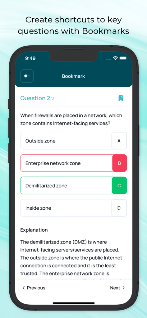 Aplicación de preparación de exámenes Cisco CCNA y CCNP que muestra una pregunta marcada con su explicación