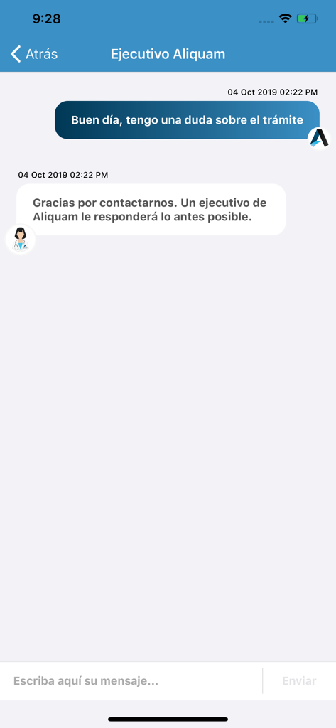 In-app chat support interface of Aliquam for medical billing assistance