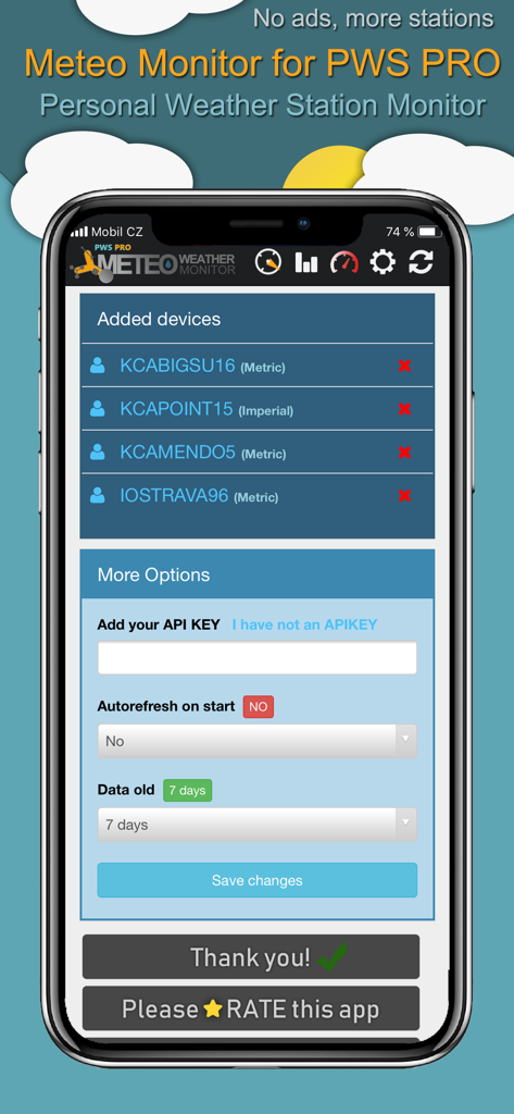 Meteo Monitor for PWS PRO - Interfaz de la aplicación móvil Meteo Monitor para PWS PRO que muestra dispositivos meteorológicos añadidos y configuración de clave API.