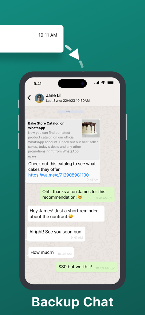 A smartphone screen displaying a WhatsApp-style chat interface with messages and media within the WT Chat backup app.