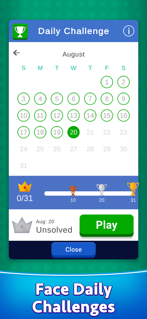 FreeCell· - Daily challenge calendar for FreeCell solitaire showing monthly progress and trophies