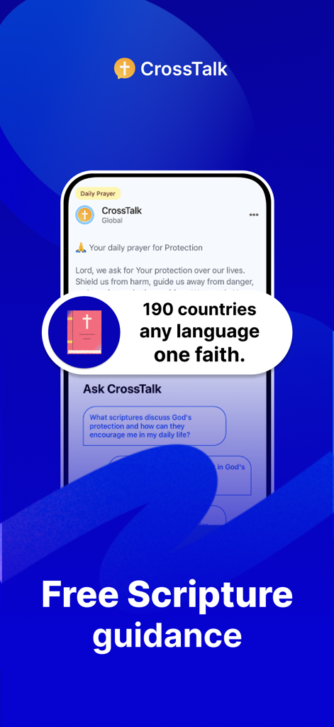 CrossTalk: Bible Chat + Prayer - CrossTalk mobile app interface showing a daily prayer for protection and AI chat for scripture guidance