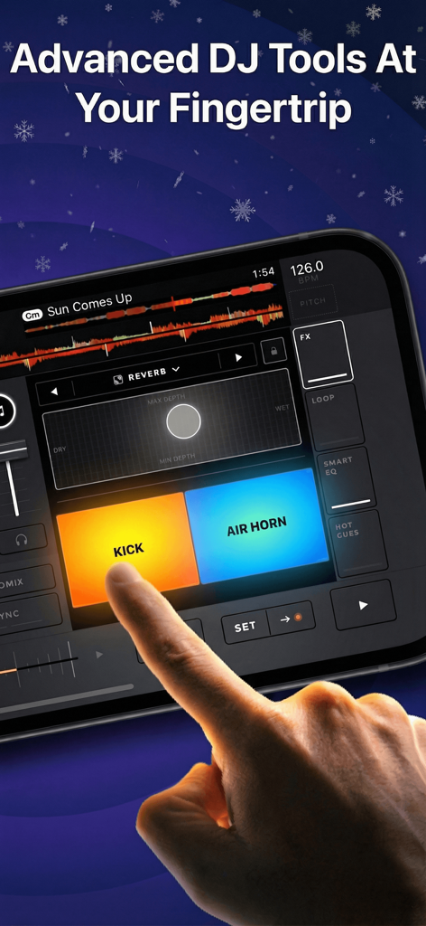 A person using a smartphone to mix music with the edjing Mix DJ app interface.