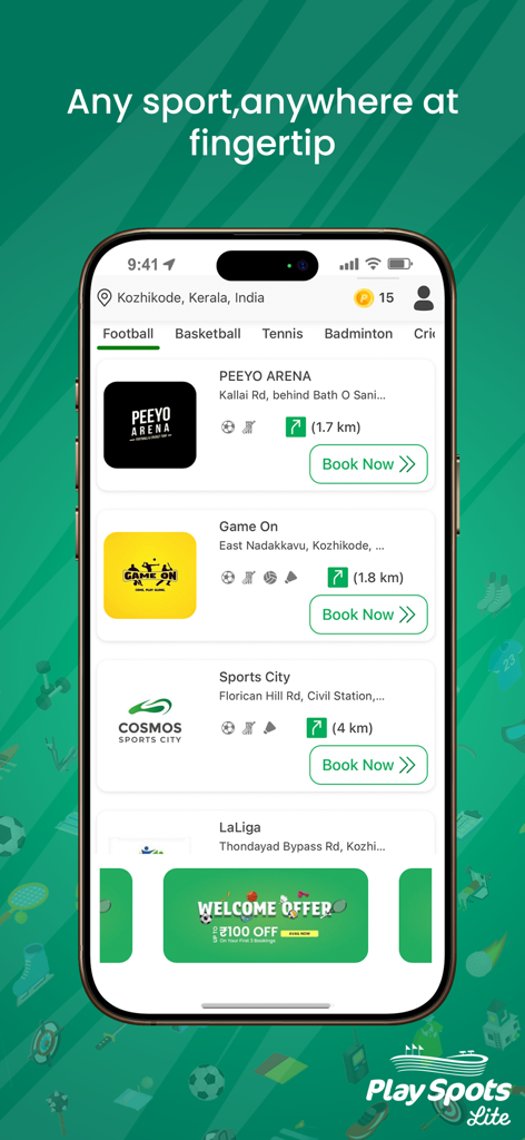 PlaySpots Lite - Mobile App-Oberfläche von PlaySpots Lite, die eine Liste von Sportstätten mit Buchungsoptionen anzeigt