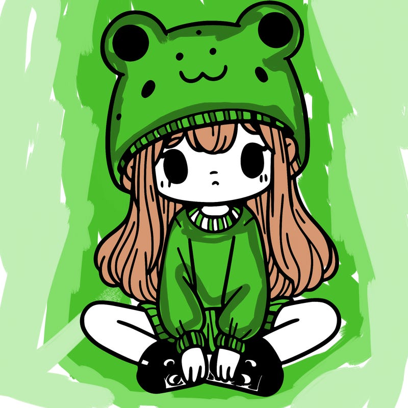 a girl wearing a frog hat and some frog socks