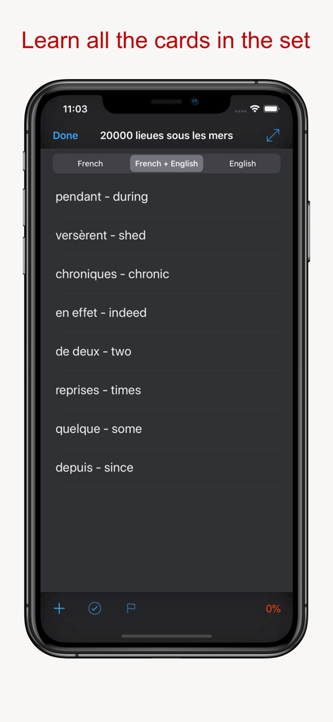 Elenco di flashcard di vocabolario dal francese all'inglese per il libro 20000 leghe sotto i mari nell'app Read and Learn Pro.
