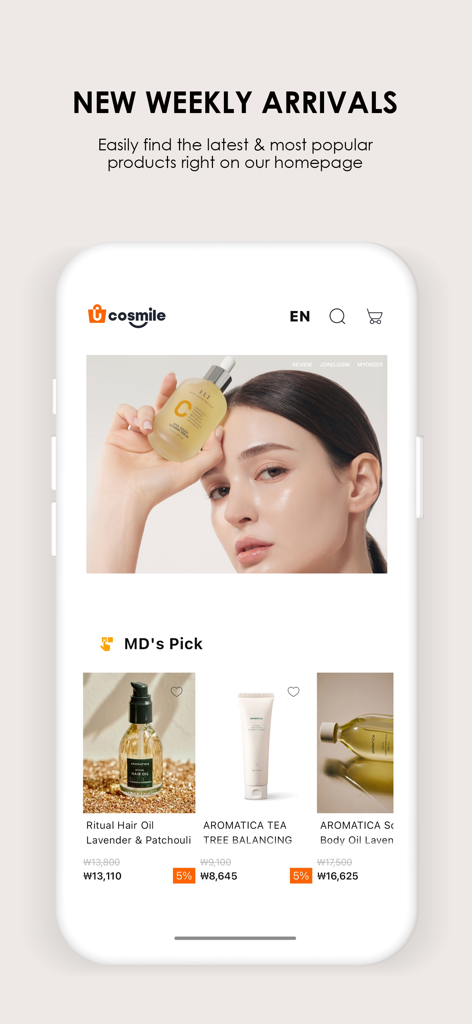 cosmile - Cosmile mobile app interface showing new weekly arrivals of Korean skincare products and MD picks