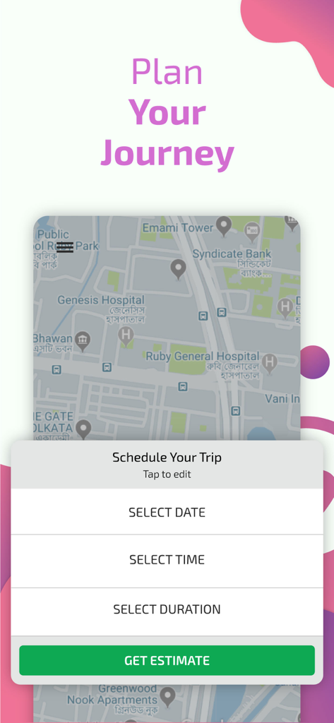 Drivers4Me - Get Car Drivers - Drivers4Me app screen showing the interface to schedule a trip by selecting date, time, and duration with a button to get an estimate.