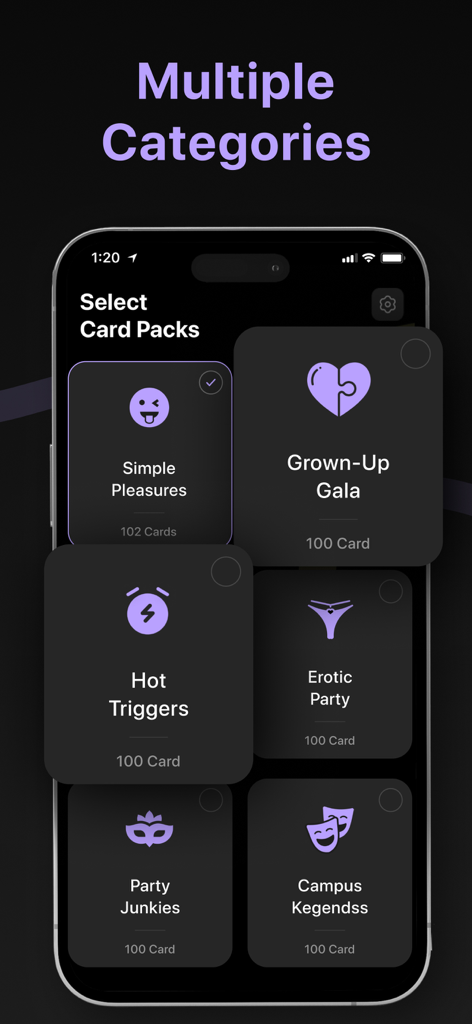 Interfaz de la app La Verdad o el Reto mostrando varias categorías de paquetes de cartas para adultos para parejas y fiestas