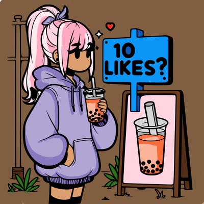 girl with oversized hoodie drinking boba and she has a high ponytail with a sign that says 10likes?
